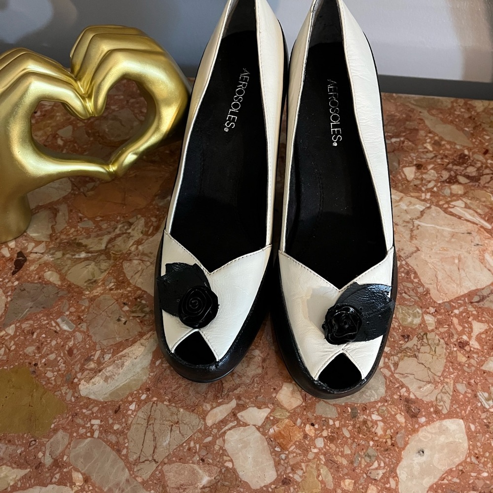 AEROSOLES Black and White Peep Toe Heels